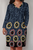 Brown Floral Print V Neck Long Sleeve Plus Size Loose Pockets Casual Outing Midi T-Shirt Dress