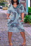 Brown Graphics Print V Neck Long Sleeve Plus Size Loose Pockets Casual Outing Midi T-Shirt Dress
