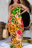 White Pink Leopard Floral Print V Neck Sleeveless Backless Floor Length Casual Outing Straight Loose Floral Maxi Slip Dress