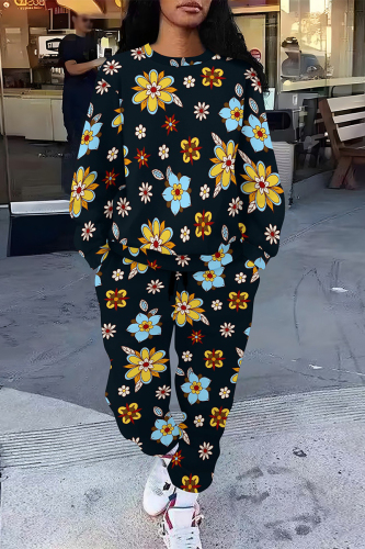 Black Leopard Floral Print O Neck Long Sleeve Sweatshirt And Pants Sportwear Casual Two Pieces Jogger Set