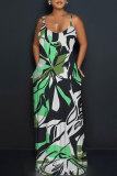 Dark Green Floral Print Sleeveless O Neck Floor Length Casual Vacation Baggy Sundress Maxi Slip Dresses