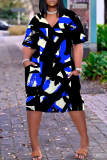 Brown Graphics Print V Neck Long Sleeve Plus Size Loose Pockets Casual Outing Midi T-Shirt Dress