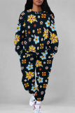 Black Leopard Floral Print O Neck Long Sleeve Sweatshirt And Pants Sportwear Casual Two Pieces Jogger Set