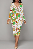 White Green Chain Geometric Print V Neck Long Sleeve Casual Street Fall Outings Bodycon Pencil Midi Dress