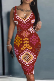 White Graphics Print U Neck Sleeveless Vacation Bodycon Midi Tank Dress
