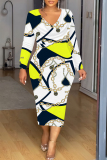 White Green Chain Geometric Print V Neck Long Sleeve Casual Street Fall Outings Bodycon Pencil Midi Dress