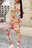 Blue Graffiti Print O Neck Long Sleeve Sweatshirt And Drawstring Sweatpants Casual Sportwear Two Pieces Sweatsuit Sets