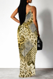 White Pink Leopard Floral Print V Neck Sleeveless Backless Floor Length Casual Outing Straight Loose Floral Maxi Slip Dress