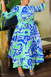 Teal Graphcis Print O Neck 3/4 Sleeve Belted Waist Casual Outing Plus Size Straight Loose Maxi Dresses