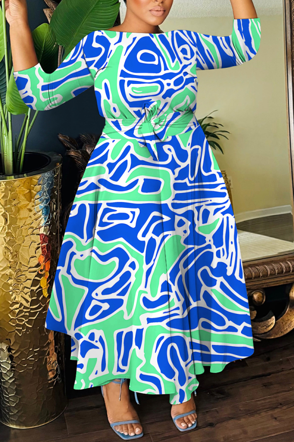 Teal Graphcis Print O Neck 3/4 Sleeve Belted Waist Casual Outing Plus Size Straight Loose Maxi Dresses