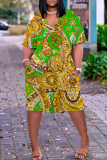 Brown Graphics Print V Neck Long Sleeve Plus Size Loose Pockets Casual Outing Midi T-Shirt Dress