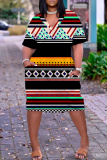 White Graphics Print V Neck Long Sleeve Plus Size Loose Pockets Casual Outing Midi T-Shirt Dress