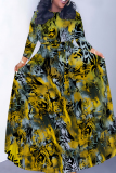 Brown Animal Geometric Print Deep O Neck 3/4 Sleeve Strap Design Belted Floor Length Plus Size Vacation Loose A Line Maxi Dress