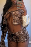 Leopard Print Off Shoulder Long Sleeve Belted Crop Tops And Shorts Night Club Two Pieces Shorts Sets
