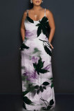 Dark Green Floral Print Sleeveless O Neck Floor Length Casual Vacation Baggy Sundress Maxi Slip Dresses
