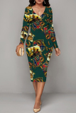 White Green Chain Geometric Print V Neck Long Sleeve Casual Street Fall Outings Bodycon Pencil Midi Dress