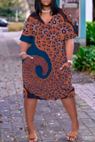 Brown Graphics Print V Neck Long Sleeve Plus Size Loose Pockets Casual Outing Midi T-Shirt Dress