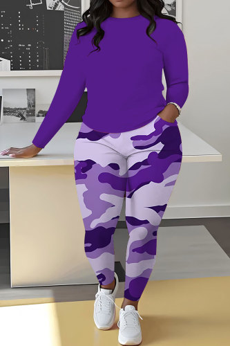 Pink Camouflage Print O Neck Long Sleeve Sweatshirt And Skinny Pants Sportwear Casual Two Pieces Tracksuit Sweatpants Set