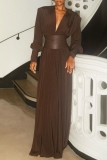 Brown Deep V Neck Long Sleeve With Belt Formal Evening Party Prom Ruched Pleated Maxi Dresses