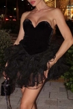Black Backless Strapless Mesh Ruffled Layered Hem Formal Evening Party Prom Bodycon Velvet Tulle Mini Dresses