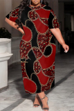 Black Casual Chain Leopard Print O Neck Short Sleeve Pocket Loose Plus Size Maxi T-shirt Dresses