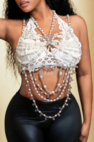 White Pearls Decor Night Club Tassel Vest Accessories