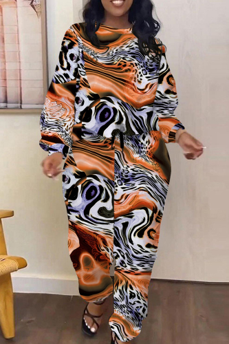 White Brown Stripe Camouflage Print O Neck Long Sleeve Sweatshirt And Draw String Pocket Pants Sportwear Casual Two Pieces Tracksuit Sweatpants Set