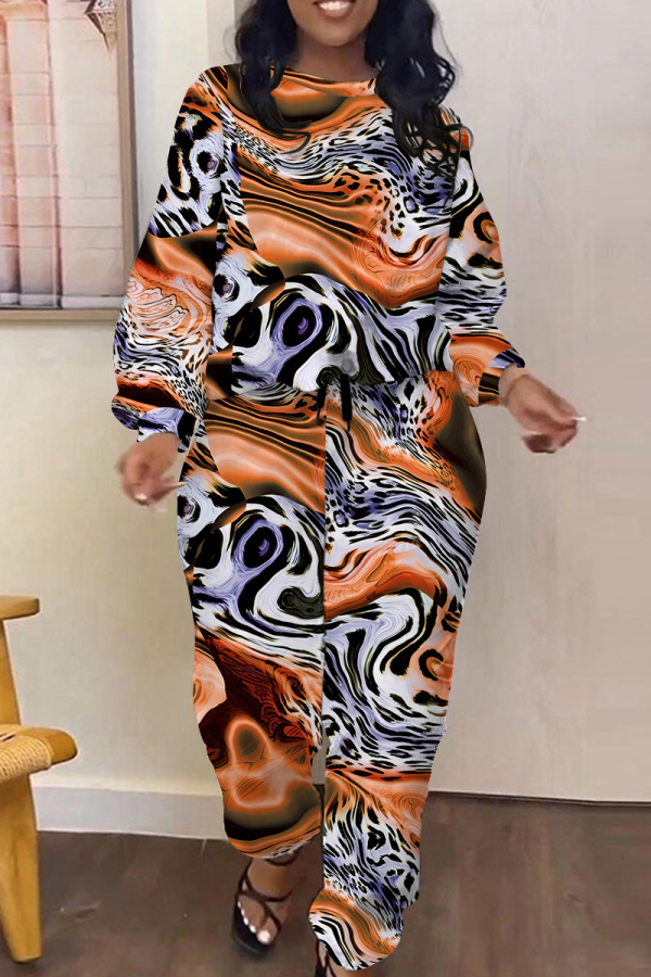 White Brown Stripe Camouflage Print O Neck Long Sleeve Sweatshirt And Draw String Pocket Pants Sportwear Casual Two Pieces Tracksuit Sweatpants Set