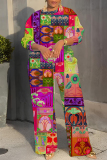 Orange Graphics Boho Print O Neck Long Sleeve Sweatshirt And Wide Leg Pants Casual Sportwear Two Pieces Jogger Sets