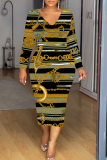 White Green Chain Geometric Print V Neck Long Sleeve Casual Street Fall Outings Bodycon Pencil Midi Dress