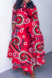 Teal Graphcis Print O Neck 3/4 Sleeve Belted Waist Casual Outing Plus Size Straight Loose Maxi Dresses