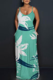 Dark Green Floral Print Sleeveless O Neck Floor Length Casual Vacation Baggy Sundress Maxi Slip Dresses