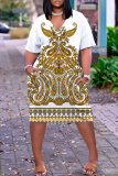 White Graphics Print V Neck Long Sleeve Plus Size Loose Pockets Casual Outing Midi T-Shirt Dress