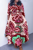 Teal Graphcis Print O Neck 3/4 Sleeve Belted Waist Casual Outing Plus Size Straight Loose Maxi Dresses
