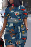 Denim Blue Faux Denim Print O Neck Short Sleeve Oversize T Shirt And Shorts Set Casual Sportwear Plus Size Two Piece Matching Set