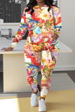 Blue Graffiti Print O Neck Long Sleeve Sweatshirt And Drawstring Sweatpants Casual Sportwear Two Pieces Sweatsuit Sets