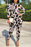 Red Leopard Print O Neck Long Sleeve T-shirt And Skinny Pants Casual Outing Two Pieces Jogger Sets