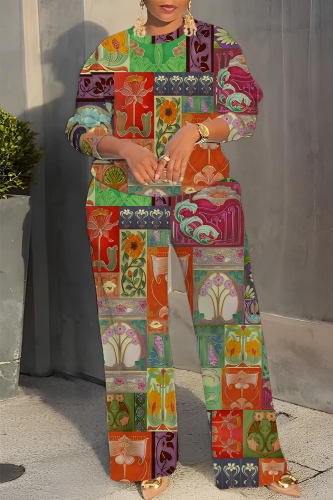 Orange Graphics Boho Print O Neck Long Sleeve Sweatshirt And Wide Leg Pants Casual Sportwear Two Pieces Jogger Sets