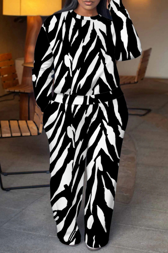 Black Graphics Print O Neck Long Sleeve Sweatshirt And Wide Leg Pants Casual Sportwear Two Pieces Jogger Sets