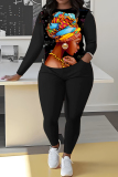 Blue Graffiti Print O Neck Long Sleeve Sweatshirt And Drawstring Sweatpants Casual Sportwear Two Pieces Sweatsuit Sets