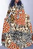 Brown Animal Geometric Print Deep O Neck 3/4 Sleeve Strap Design Belted Floor Length Plus Size Vacation Loose A Line Maxi Dress