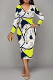 White Green Chain Geometric Print V Neck Long Sleeve Casual Street Fall Outings Bodycon Pencil Midi Dress