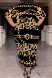 Black Casual Chain Leopard Print O Neck Short Sleeve Pocket Loose Plus Size Maxi T-shirt Dresses