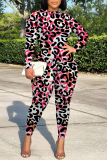 Red Leopard Print O Neck Long Sleeve T-shirt And Skinny Pants Casual Outing Two Pieces Jogger Sets