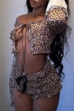 Leopard Print Off Shoulder Long Sleeve Belted Crop Tops And Shorts Night Club Two Pieces Shorts Sets