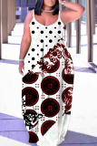 Red Graphics Print Sleeveless O Neck Floor Length Casual Vacation Baggy Sundress Maxi Slip Dresses