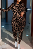 brown Leopard Print O Neck Long Sleeve Sweatshirt And Skinny Pants Sportwear Casual Two Pieces Tracksuit Sweatpants Set