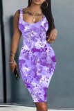 Pink Graphics Print U Neck Sleeveless Vacation Bodycon Midi Tank Dress