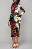 White Green Chain Geometric Print V Neck Long Sleeve Casual Street Fall Outings Bodycon Pencil Midi Dress