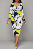 White Green Chain Geometric Print V Neck Long Sleeve Casual Street Fall Outings Bodycon Pencil Midi Dress